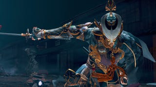 A masked warrior holds their sword out to the side in Kunitsu-Gami: Path of the Goddess