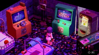 Crow Country official screenshot showing the main character in a room full of retro arcade machines, lit by a flourescent pink glow